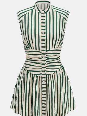 Commense Striped Sleeveless Stand Collar Mini Dress Green & Cream Large
